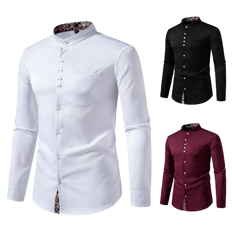 Herren Langarmhemd mit modernem Stehkragen und Paisleymuster EB