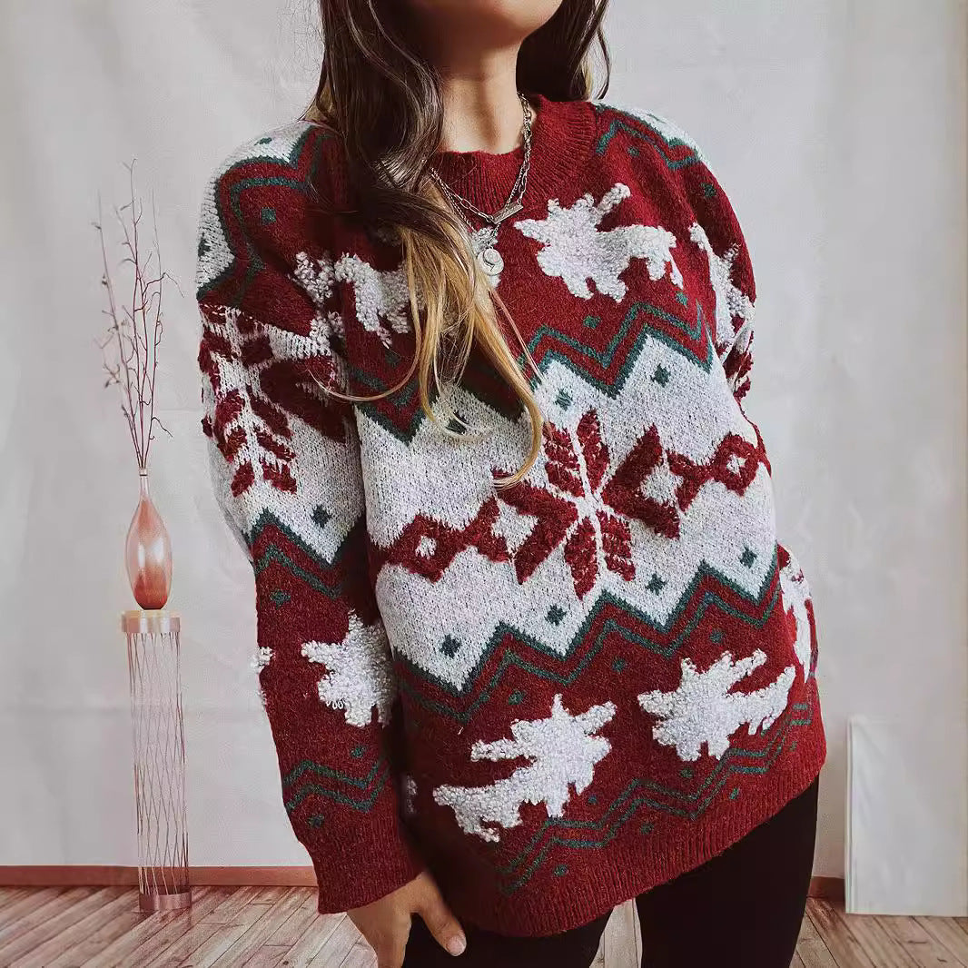 Damen festlicher Strickpullover mit weihnachtlichem Design und hohem Kragen EB