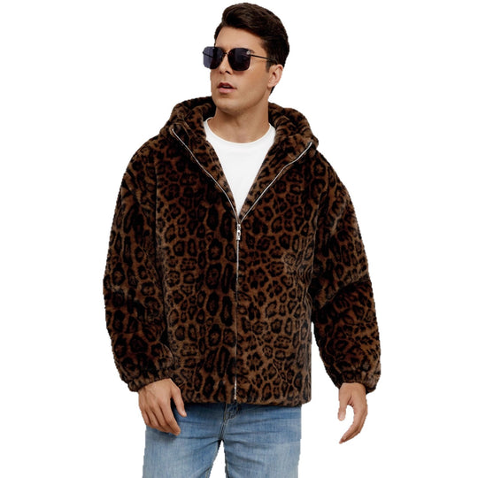 Herren Flauschige Kunstpelzjacke mit modischem Leopardenmuster EB