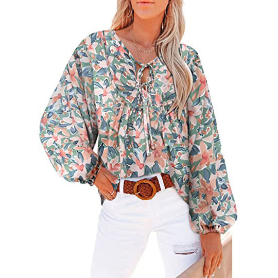 Damen Lockere Bluse mit floralem Muster und voluminösen Ärmeln EB