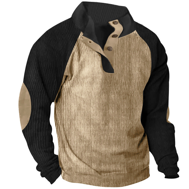Herren Strukturiertes Raglan-Henley-Pullover mit Stehkragen, Ellenbogenpatches & Knopfleiste EB