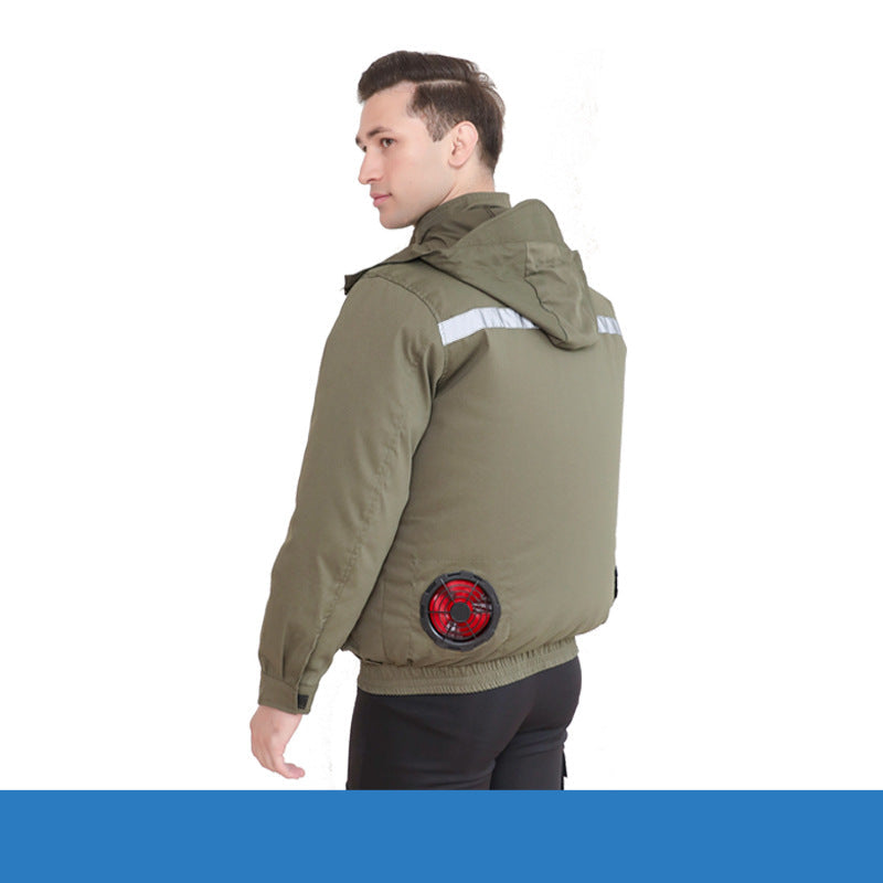 Unisex nan ventilated jacket for work and outdoor with integrated USB fans, battery compartment and hood EB