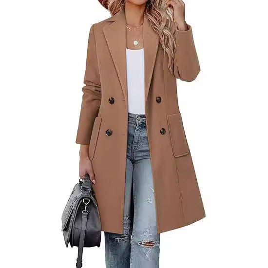 Damen Doppelreihiger Longblazer-Mantel mit aufgesetzten Taschen und taillierter Silhouette EB