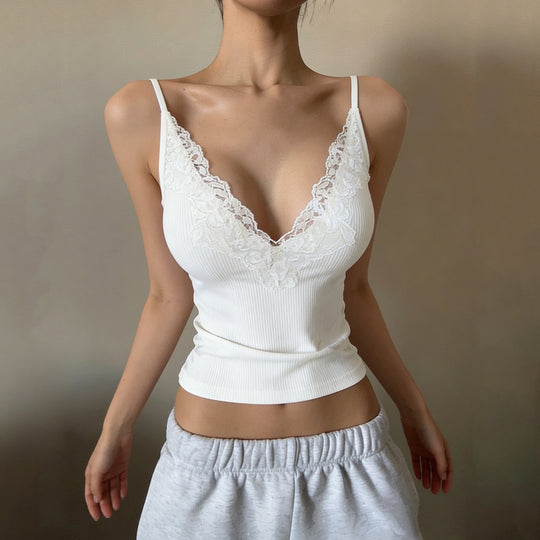 Damen Elegantes Top mit Spitzenverzierung und tiefem V-Ausschnitt EB