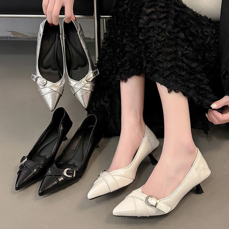 Damen elegante Pumps mit dekorativem Schnallenverschluss und spitzem Design EB