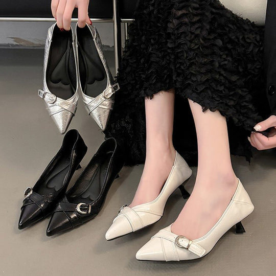 Damen elegante Pumps mit dekorativem Schnallenverschluss und spitzem Design EB