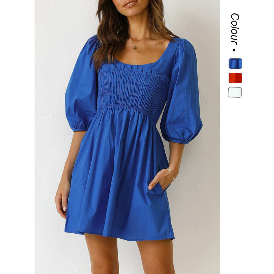 Damen Baumwollkleid mit schmaler Taille und Puffärmeln EB