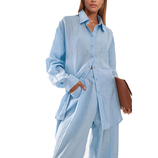 Damen lässiges Leinen-Hemd- und Hosen-Set EB