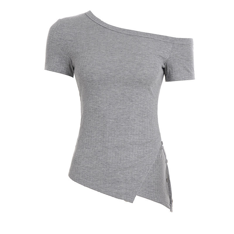 Damen asymmetrisches Kurzarm-Oberteil mit Knopfdetails und einzigartigem Schnitt EB