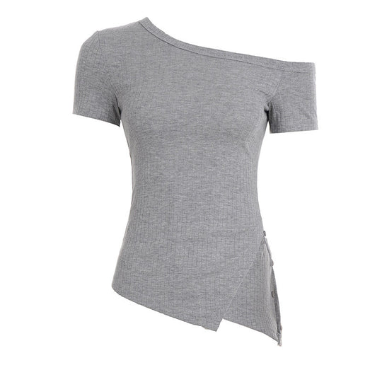 Damen asymmetrisches Kurzarm-Oberteil mit Knopfdetails und einzigartigem Schnitt EB