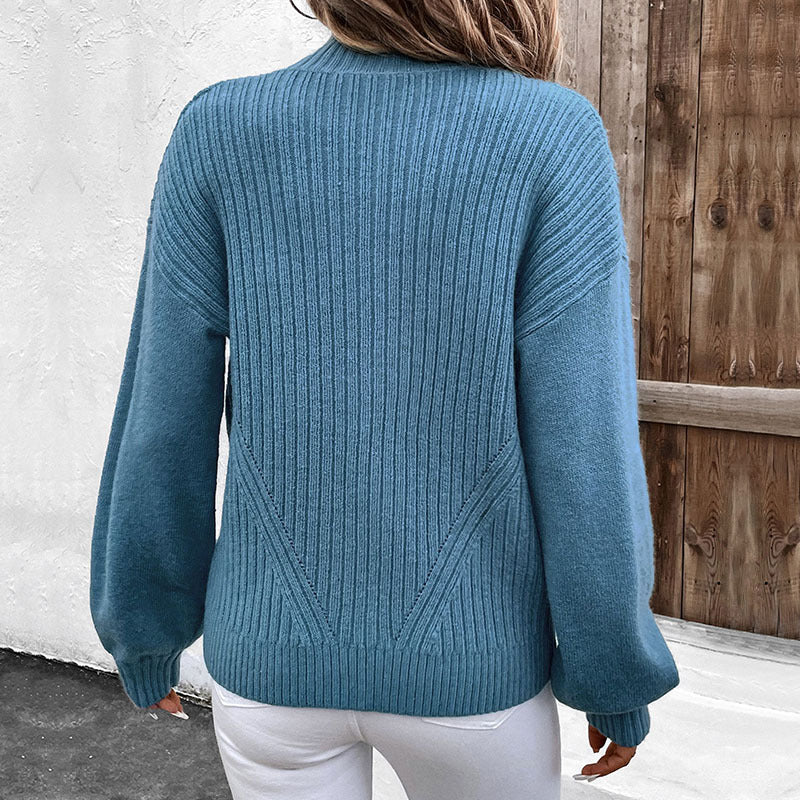 Damen Reißverschluss-Strickjacke mit Stehkragen, Rippenstruktur und Ballonärmeln EB