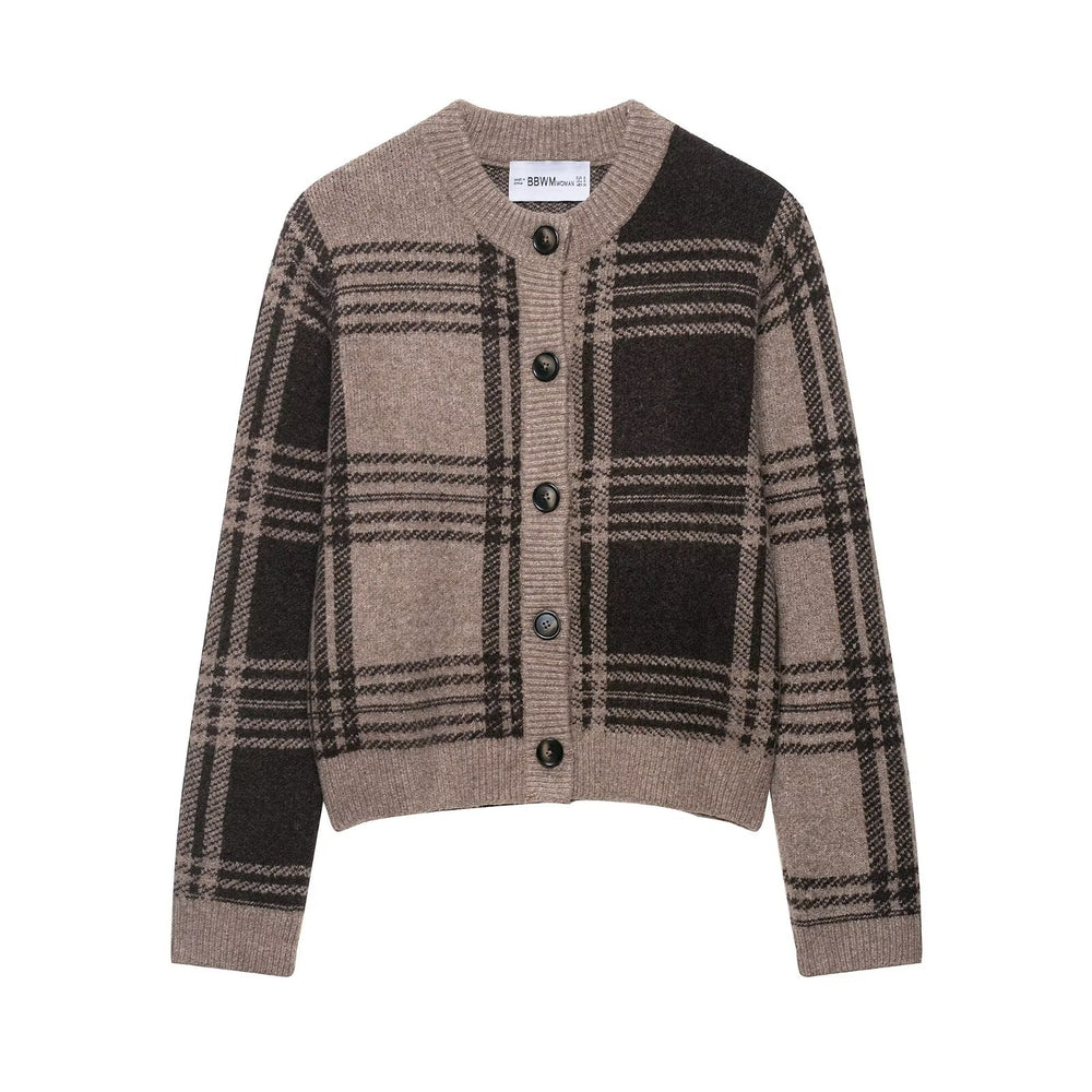Damen kariertes Strickjacke mit Knopfleiste und weichem Material EB