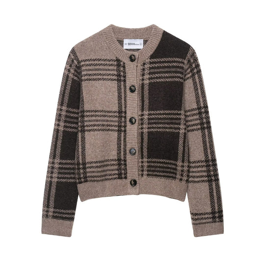 Damen kariertes Strickjacke mit Knopfleiste und weichem Material EB