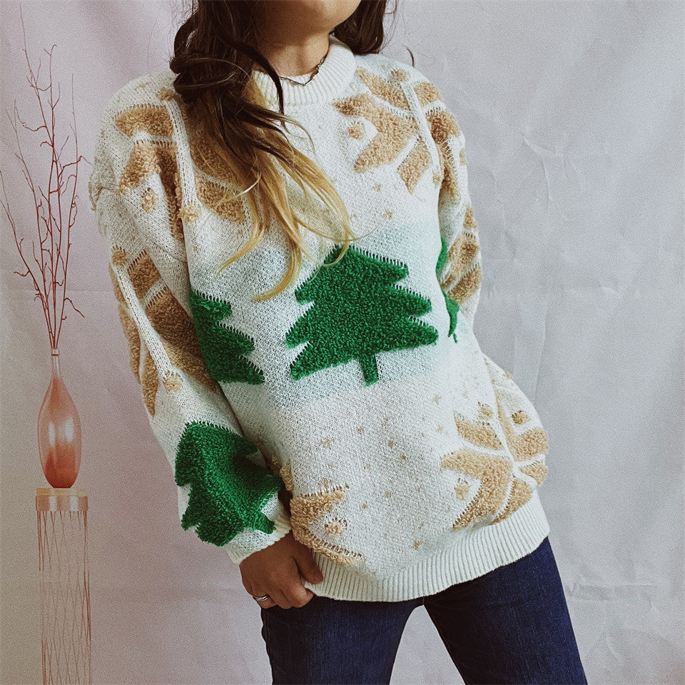 Damen Weihnachtspullover mit festlichem Motiv und voluminösen Ärmeln EB