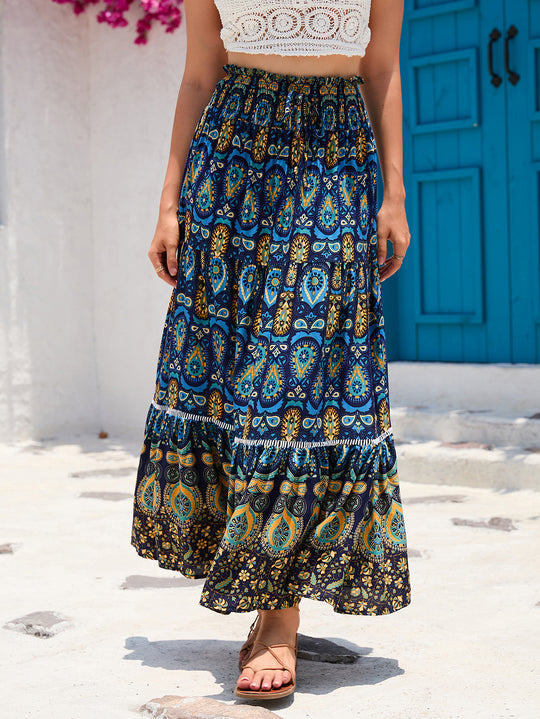 Damen nan Maxirock im Boho‑Stil mit Stufen, gerafftem Elastikbund und Paisley‑Print EB