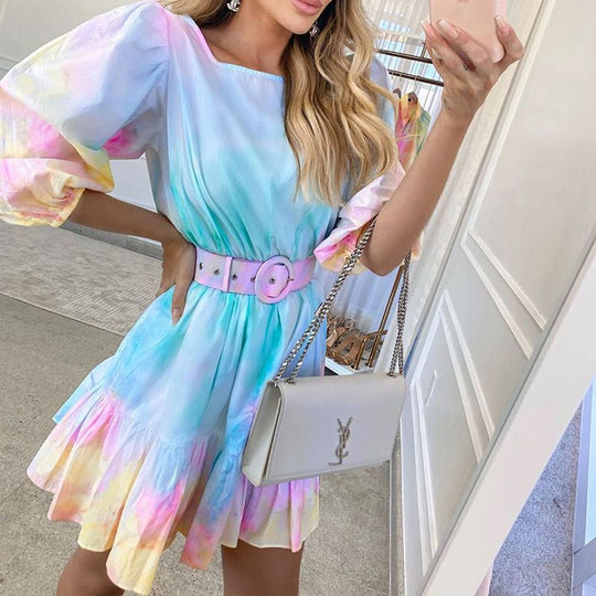 Damen modernes Boho-Kleid mit strukturiertem Volant und Taillengürtel EB