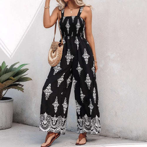 Damen Jumpsuit mit elastischem Taillenbund und floralen Verzierungen EB