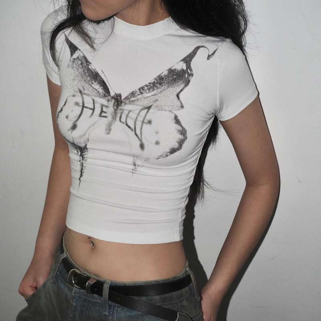 Damen Kurzarm-T-Shirt mit elegantem Schmetterlingsdesign und Stehkragen EB