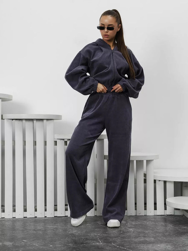 Damen Velours-Loungewear-Set mit kurzem Reißverschluss-Hoodie und weiter hochgeschnittener Palazzohose EB