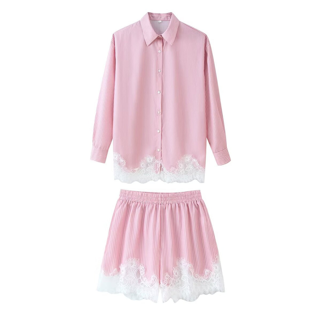 Damen nan zweiteiliges Satin-Pyjama-Set mit Hemdbluse, Gummibund-Shorts und Spitzenbesatz EB