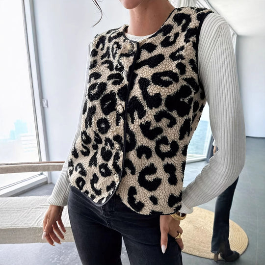 Damen Modische Plüschweste mit Leopardmuster EB