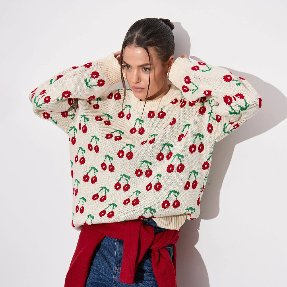 Damen Kuscheliger Strickpulli mit Kirschenmuster EB