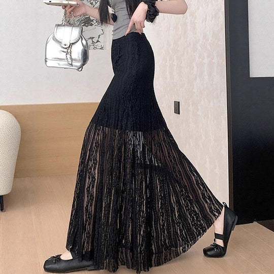 Damen Eleganter Maxi-Rock mit transparenter Spitze und Falten EB
