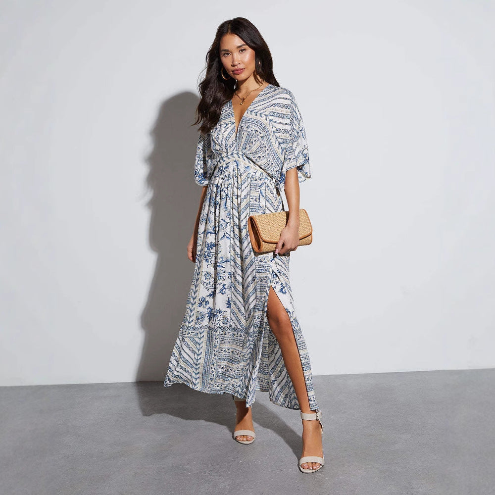 Damen Maxikleid mit aufregendem Wickeldesign und voluminösen Ärmeln EB