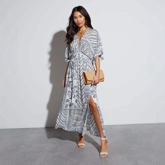 Damen Maxikleid mit aufregendem Wickeldesign und voluminösen Ärmeln EB