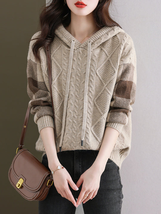 Damen Strickpullover mit Kapuze und modischem Karomuster EB