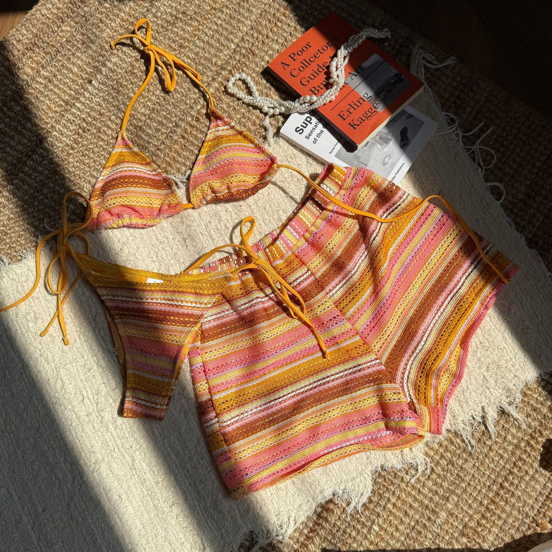 Damen Zweiteiliges Strand-Bikini-Set mit verspielt gestreiftem Oberteil und Shorts EB
