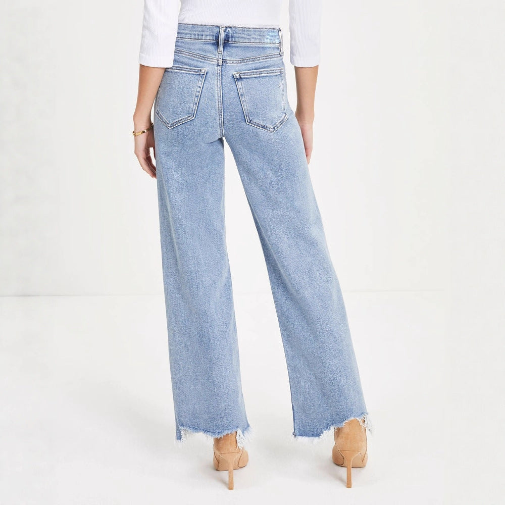 Damen Weit geschnittene Jeans mit fransigem Saum und hohem Bund EB