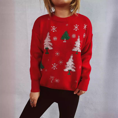 Damen weihnachtlicher Pullover mit festlichem Baumdesign und flauschigem Material EB