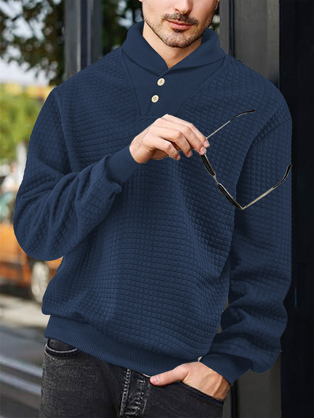Herren nan eleganter Strickpullover mit Schalkragen, Knopfleiste am Ausschnitt und Karo-Waffelstruktur EB