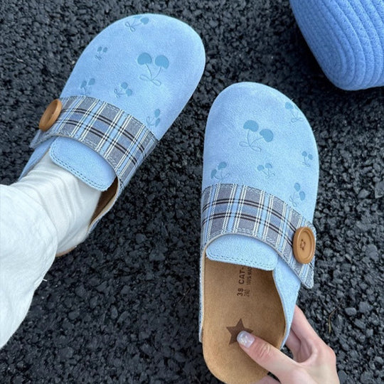 Damen Clogs mit modischem Karodesign und dekorativer Knopfdetails EB