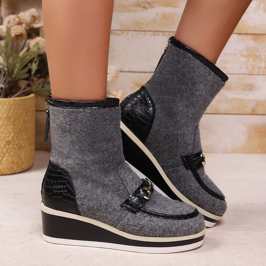 Damen Komfortable Wedge-Stiefeletten aus weichem Wollfilz mit modischem Krokodil-Detail EB