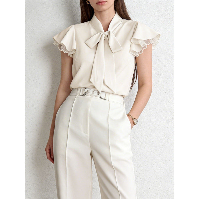 Damen Bluse mit Rüschenärmeln und feminine Schleife EB