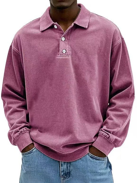 Herren nan lässiges Poloshirt-Sweatshirt mit Kragen, Vintage-Waschung und dreiteiliger Knopfleiste EB