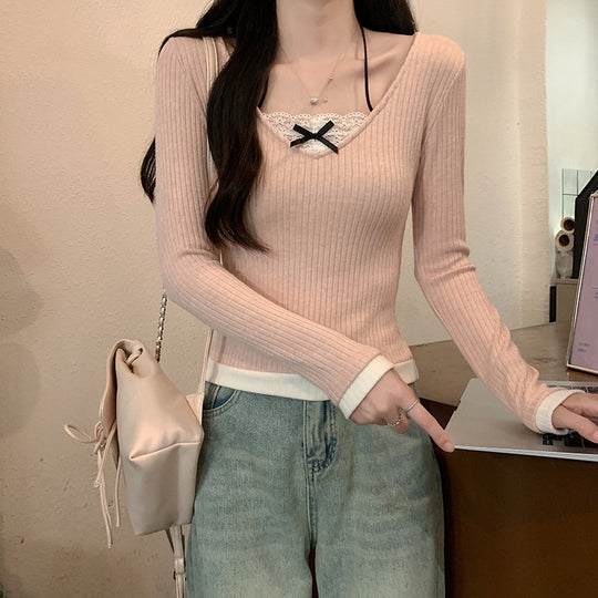 Damen Langarmshirt mit V-Ausschnitt und Spitzenakzenten EB