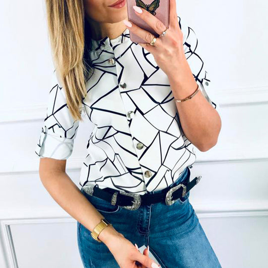 Damen modische Bluse mit grafischem Muster und halblangen Ärmeln EB