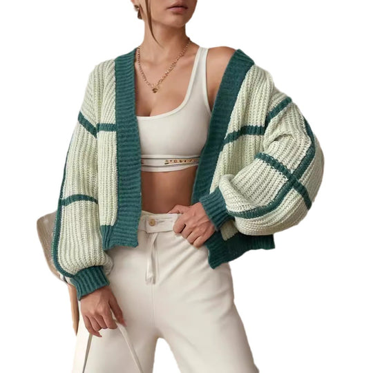 Damen Grobstrickjacke mit voluminösen Ärmeln und modernem Karomuster EB
