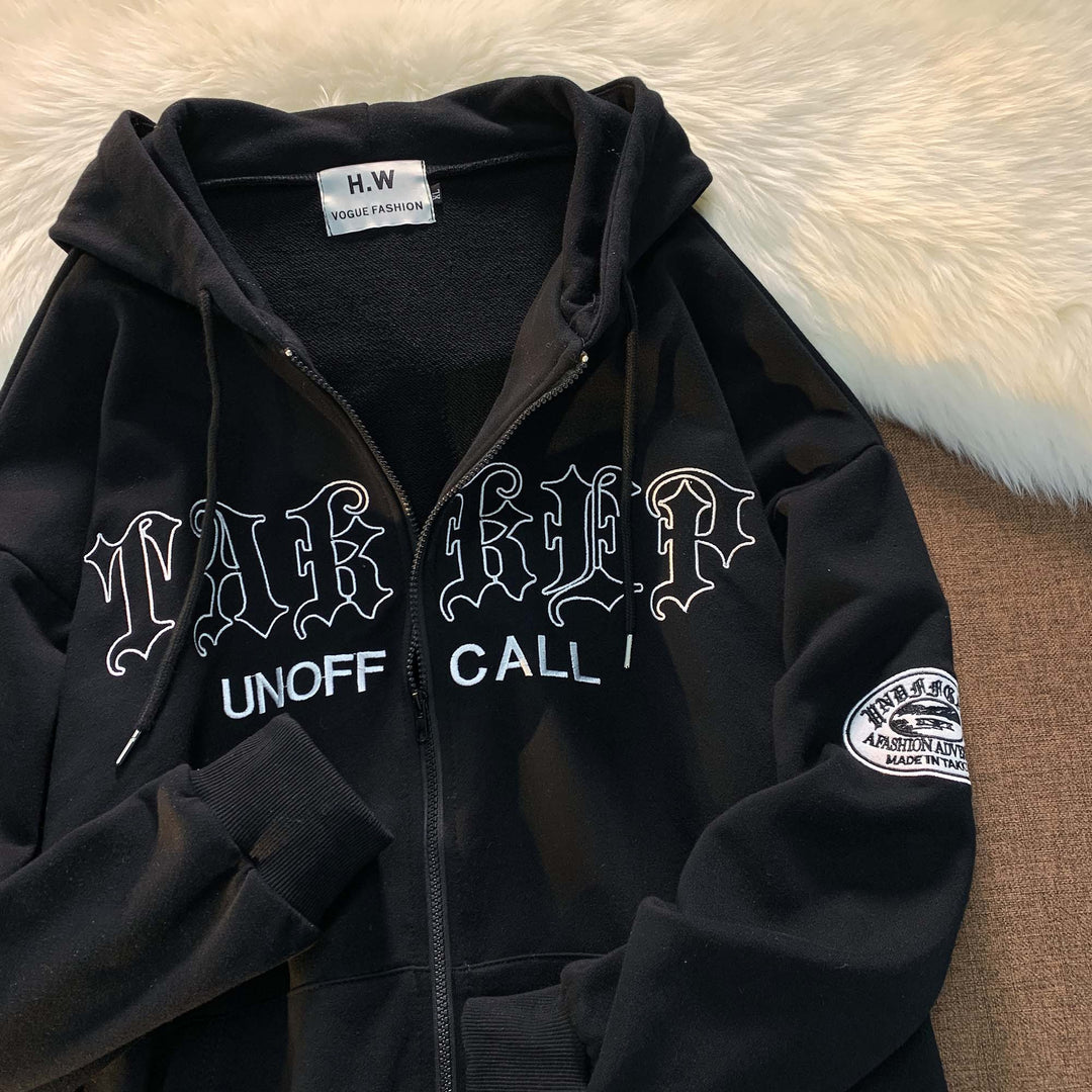 Unisex nan Reißverschluss-Hoodie mit Gothic-Schriftzug, Kapuze, Kängurutasche und Ärmelflock-Patch EB