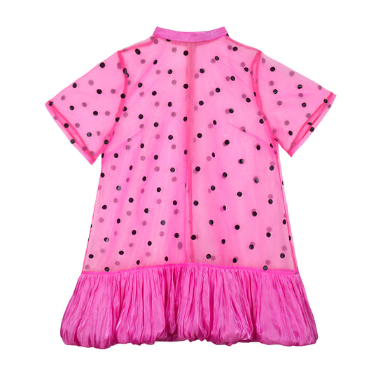 Damen durchsichtiger Polka-Dot Mini-Kleid mit Rüschensaum EB