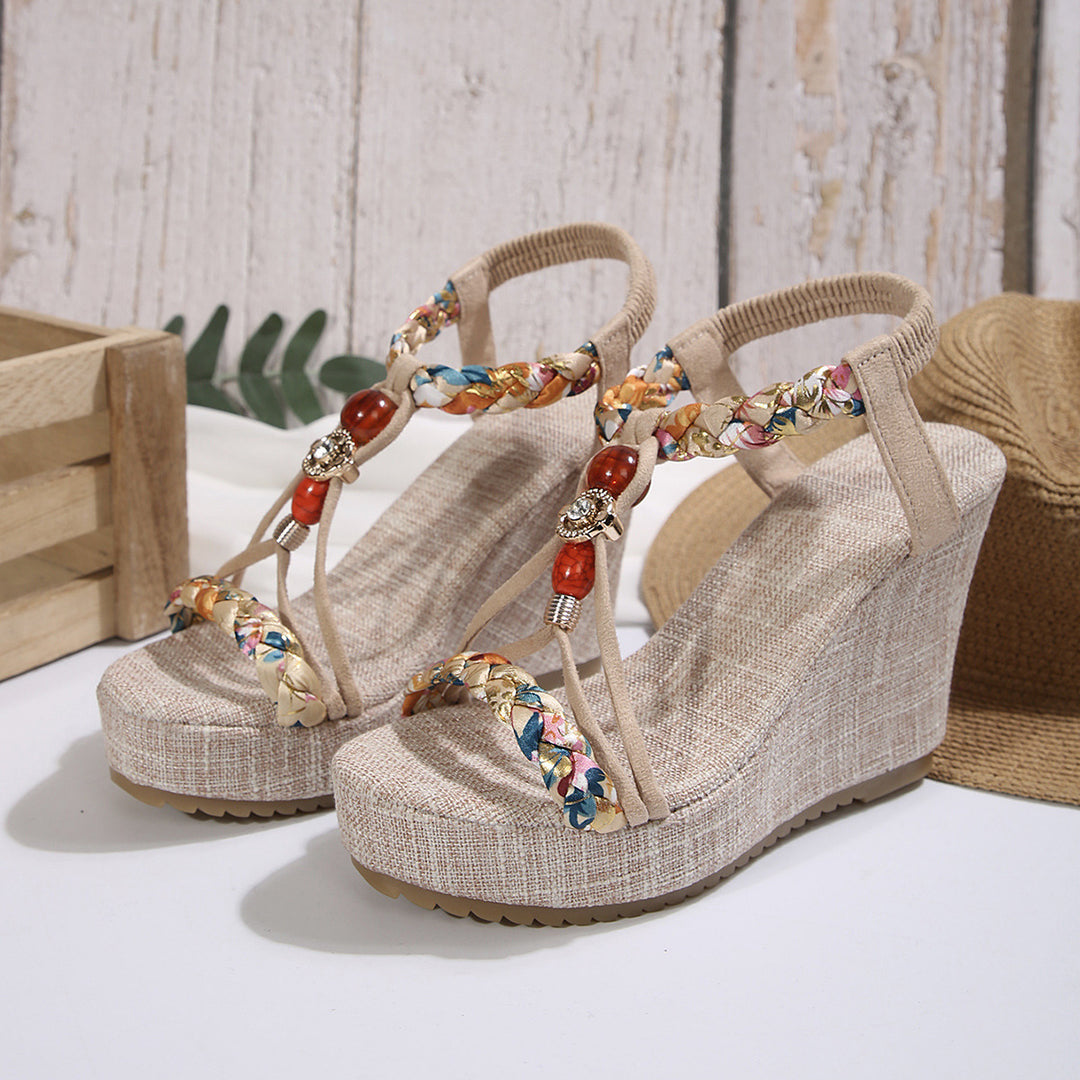 Damen Wedge-Sandaletten mit buntem Dekor und komfortabel gepolsterter Sohle EB