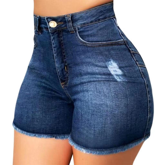Damen Jeans-Shorts mit hohem Bund und ausgefranstem Saum EB