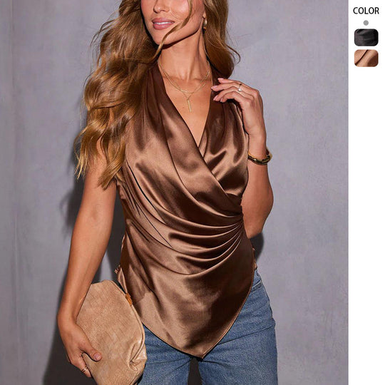 Damen Satin-Wickeltop mit elegantem V-Ausschnitt und gerafftem Design EB