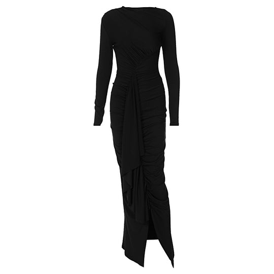 Damen Elegantes langärmliges Wickelkleid mit Rüschendetails und seitlichem Schlitz EB