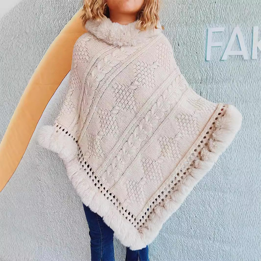 Damen Strickponcho mit dekorativem Kragen und gefüttertem Saum EB