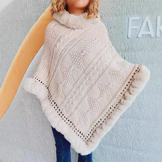 Damen Strickponcho mit dekorativem Kragen und gefüttertem Saum EB