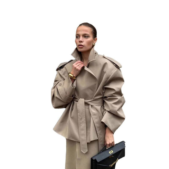Damen lässiger Trenchcoat mit taillierbarem Gürtel und modernen Knopfdetails EB